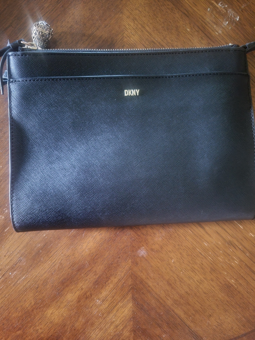 DKNY Black Saffiano Leather Crossbody Purse with Silver Logo Accent